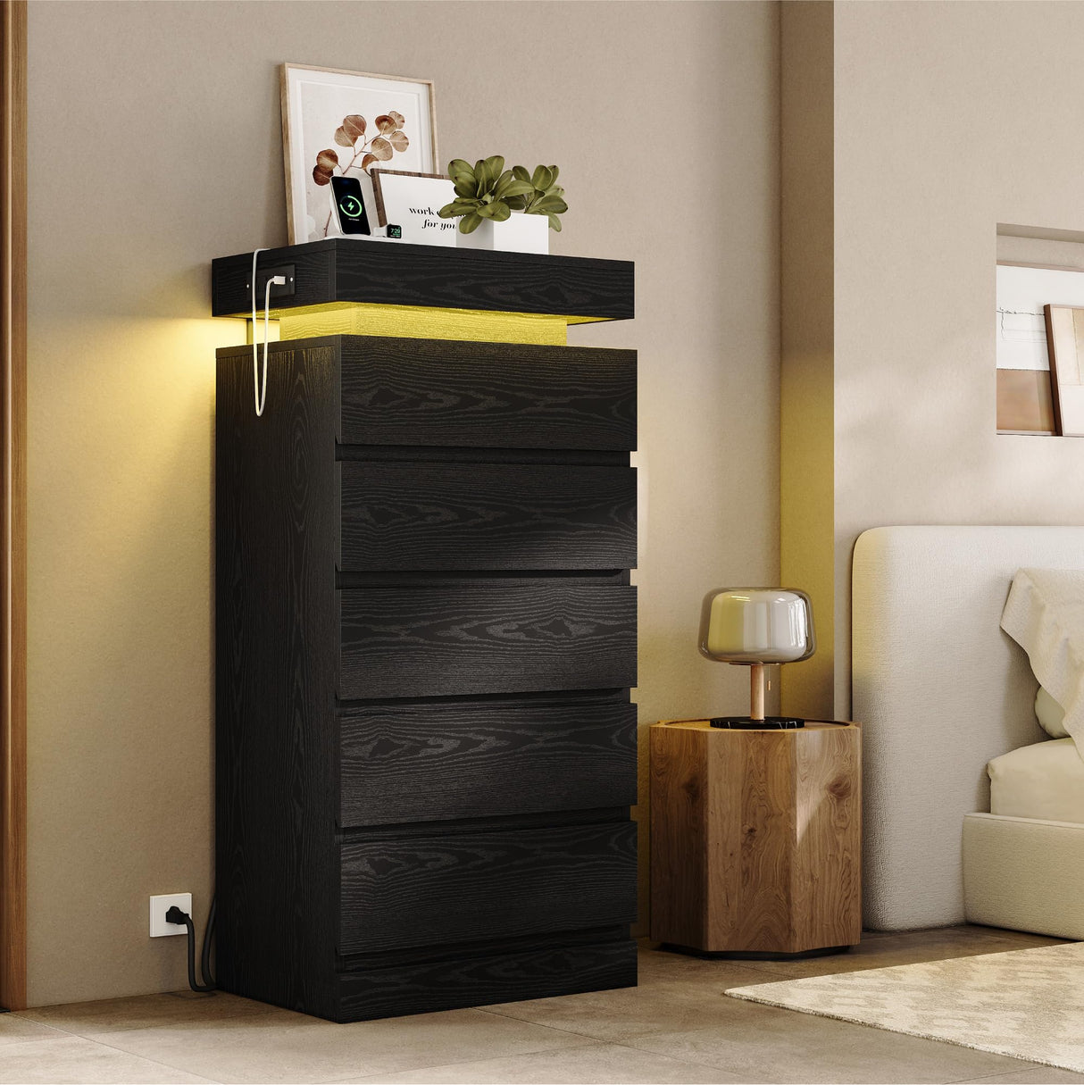 LIKIMIO 54" Tall 5 Drawer Dresser for Bedroom, Black Dresser with LED Light and Power Outlet, Wood Modern Chest of Drawers for Living Room, Entryway, Hallway LIKIMIO