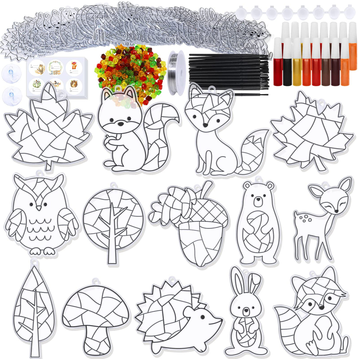 Winlyn 28 Sets Woodland Creatures Suncatchers Ornaments Decorations DIY Window Paint Art Suncatchers Fall Craft Kits Autumn Forest Animals Sun Catchers for Kids Holiday Classroom Activity Art Project Winlyn
