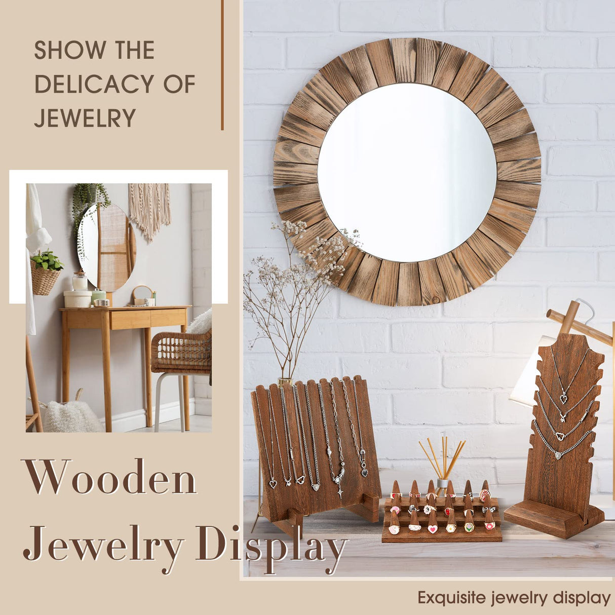 Jerify 4 Pieces Wood Necklace Display Holder Wood Plank Necklace Jewelry Display Ring Display for Selling Necklace Holder Stand Finger Ring Display for Jewelry Showcase Storage Home Display Jerify