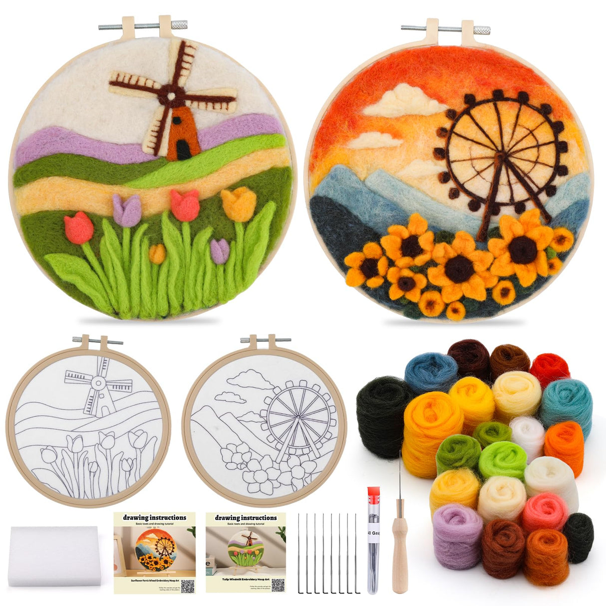 QMNNMA Needle Felting Kit for Beginners, Needle Felt Painting Kit with Picture Frame, Foam Pad, Felt Cloth, and Instructions, Flowers Wool Felting Kit Used for Home Decoration, Art Craft QMNNMA