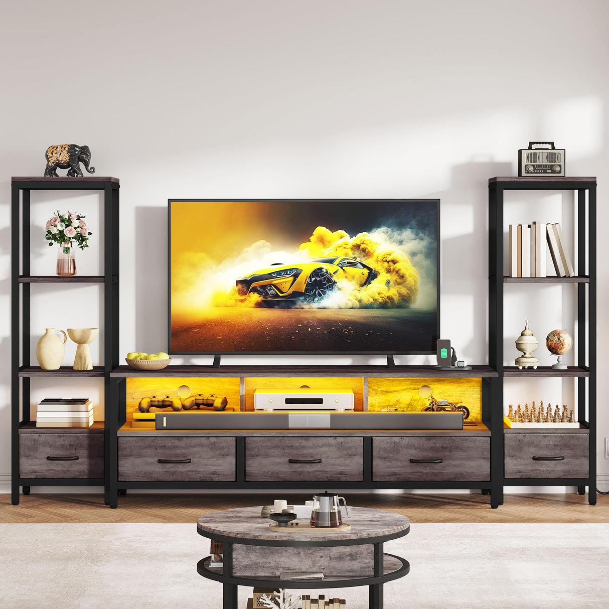 DWVO Entertainment Center with Bookshelves, LED TV Stand for 65/60 inch TV, Farmhouse TV Stand for Living Room with 2 Industrial 4-Tier Bookshelves & Power Outlets, Grey DWVO