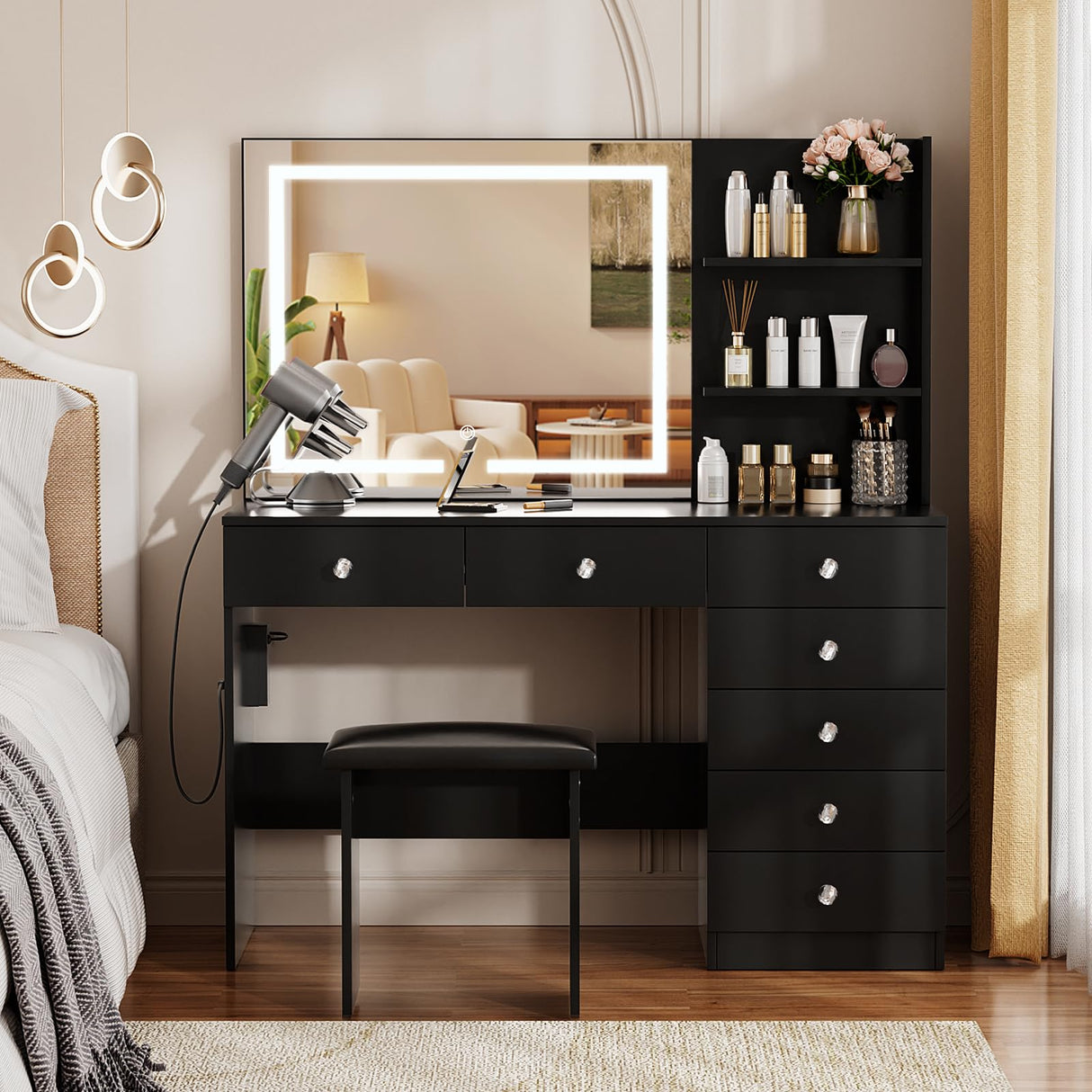 VOWNER Vanity with Lighted Mirror - 47" Makeup Vanity Desk with 7 Drawers, 3 Storage Shelves and Outlet, 3 Color Lighting Modes with Adjustable Brightness, Makeup Desk with Stool for Bedroom,Black VOWNER