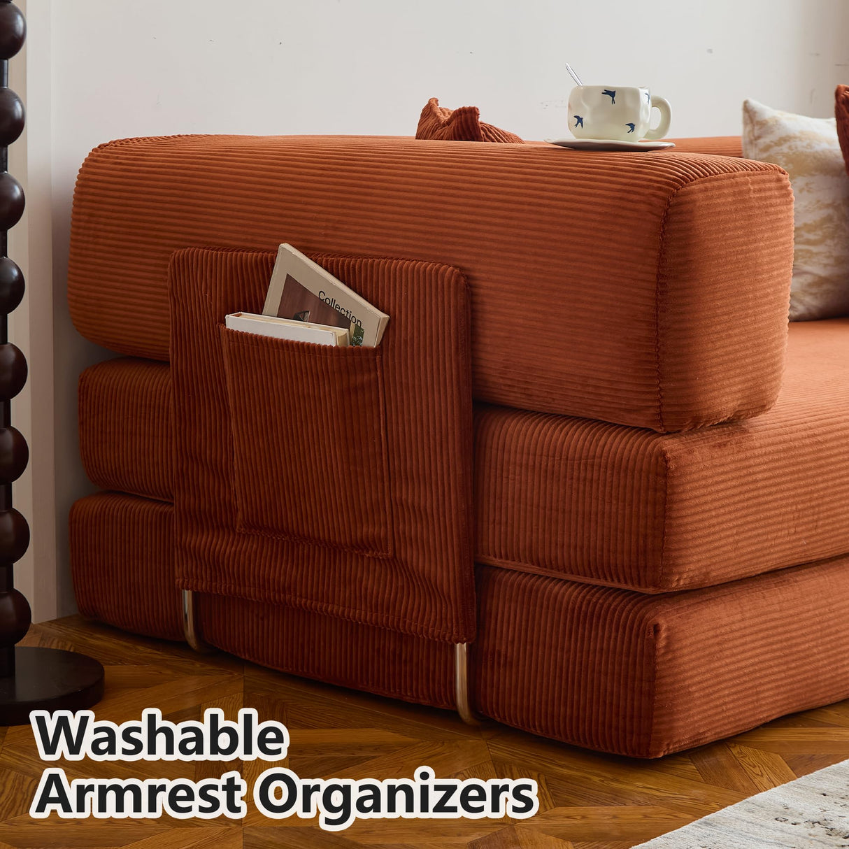 LIAROO 78.8" Convertible Sofa Bed - Compression Sofa with Corduroy Fabric - with Armrests and Backrest - Modular Sectional for Living Room, Bedroom, Studio - Compression Sofa in Box (Orange) LIAROO