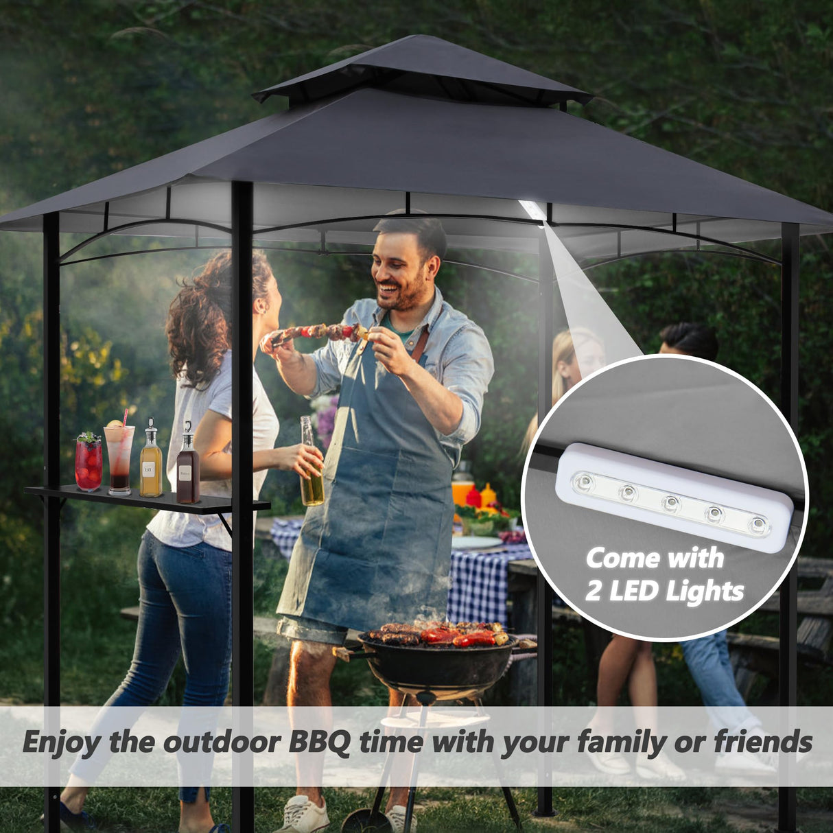 Raysfung 8'x 5' Grill Gazebo Canopy, Outdoor BBQ Gazebo with Led Light, Barbeque Gazebo Shelter for Patio (Grey) Raysfung