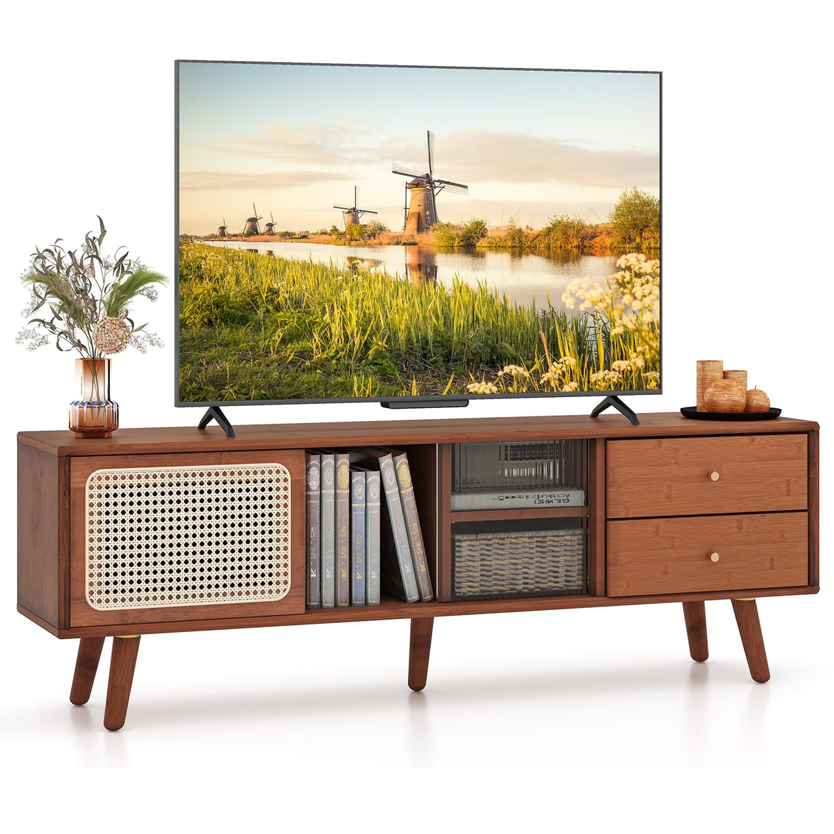 Giantex Bamboo TV Stand for TVs up to 65”, PE Rattan Media Console with Sliding Doors, Drawers & Open Shelves, 5 Solid Wood Legs, 2 Cable Holes, Entertainment Center for Living Room, Bedroom, Walnut Giantex