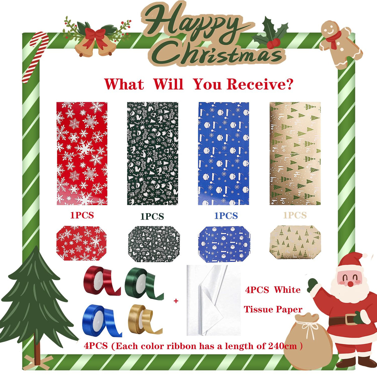 JWSCYSY Assorted Designs Christmas Gift Boxes with Lids, Tissue Papers and Ribbons, Medium Square Gift Boxes - 4 Pcs (8.7 Inch), Gift Wrapping Christmas Holiday New Year Presents Party Favor Boxes. JWSCYSY