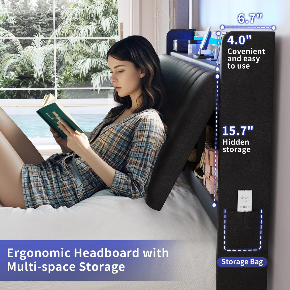 Queen Size Bed Frame with Adjustable Backrest Hidden Storage Headboard, PU Leather Upholstered Queen Bed Frame with Charging Station and LED Lights, Heavy Duty, No Box Spring Needed, Black&Brown Jocoevol