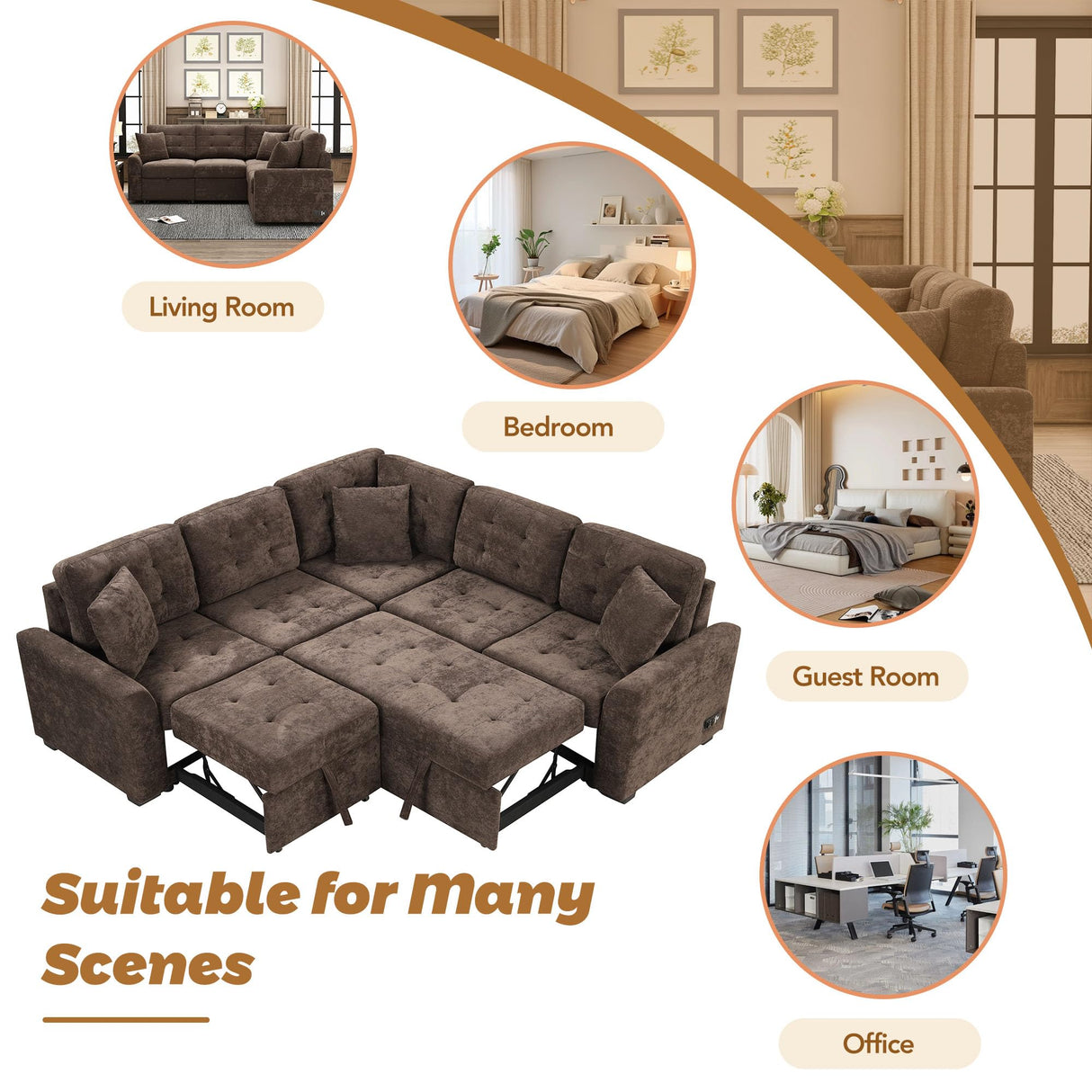 Merax Sofa Bed Sleeper Couch L Shaped Sofa with Pillows and USB Ports, L-Shape Sectional Couch with Comfortable Backrest and Power Sockets for Living Room and Small Apartment (Brown) Merax