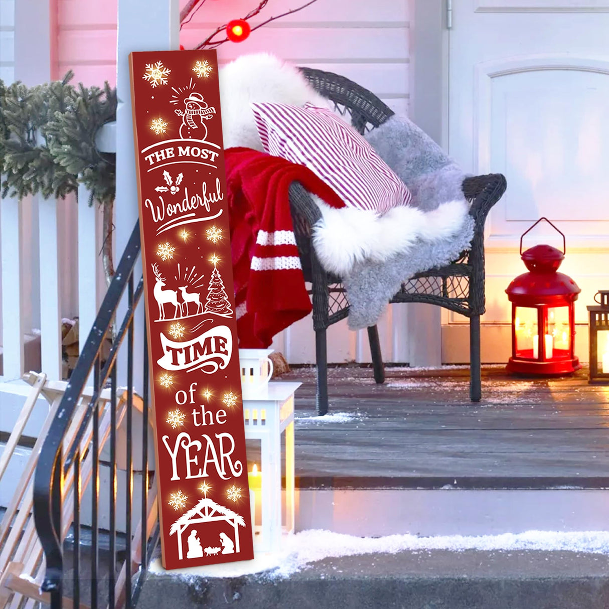 Lighted Wooden Welcome Sign, Merry Christmas Snowflake Elk Porch Sign for Front Door Decorations, Rustic Farmhouse Red Xmas Hanging Signs Wall Sign for Christmas Happy New Year Decor 47.2"H PEROUU
