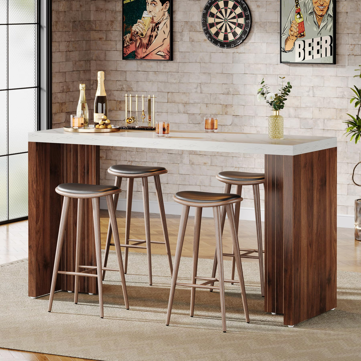 Tribesigns Home Bar Unit, 55.12-Inch Bar Table with a Faux Marble Finished Tabletop, Modern Freestanding Mini Bar for Home Kitchen, Living Room, Balcony, Basement, Walnut & White Tribesigns
