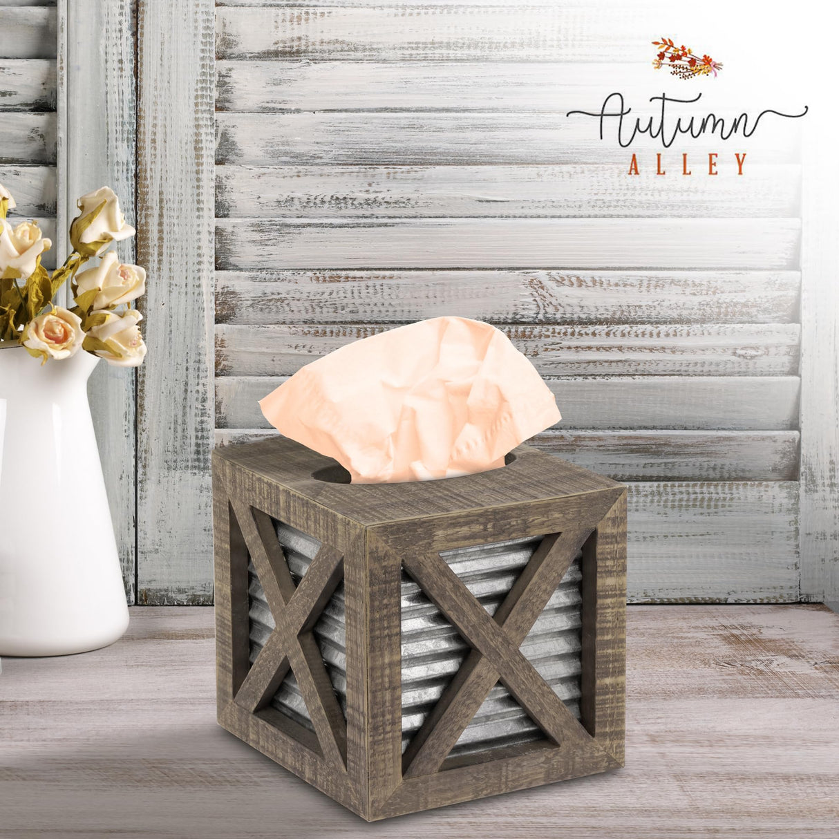 Autumn Alley Barn Door Rustic Square Farmhouse Tissue Box Cover, Farmhouse Bathroom Accessories, Rustic Bathroom Décor Tissue Holder, Wood Tissue Box Cover with Galvanized Decor Autumn Alley