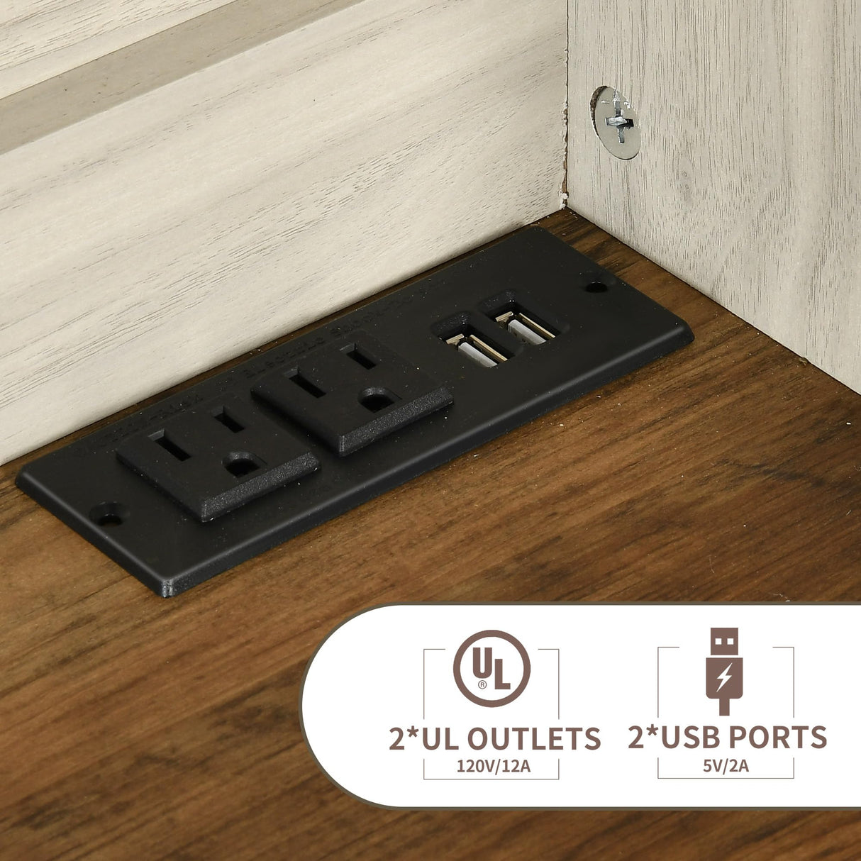 DWVO 72" Farmhouse Bar Cabinet with LED Lights & USB Charging, Wine Glass Holder & 9-Bottle Rack, Coffee Bar Sideboard with Sliding Doors, Off White+Walnut Grain DWVO