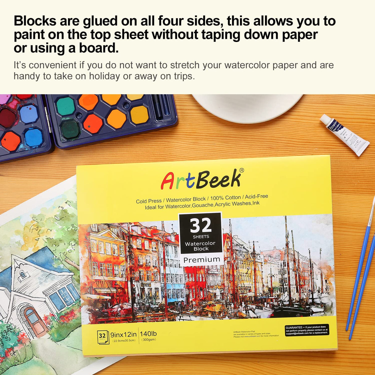 ArtBeek Watercolor Paper Block, Watercolor Block 100% Cotton 140g/300GSM (9X12 Cold Press) ArtBeek