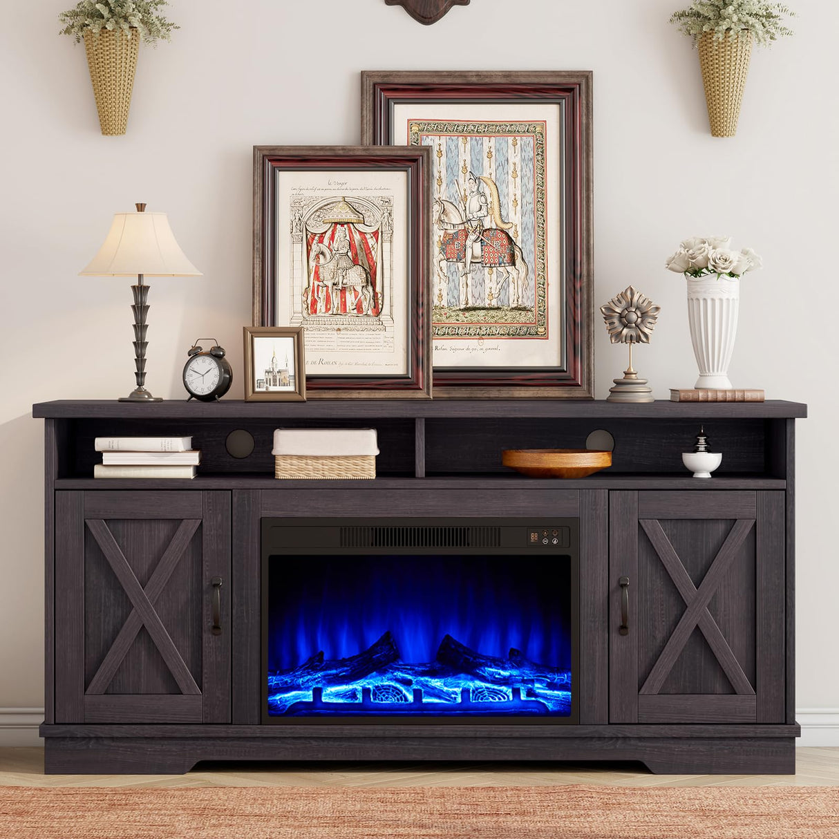 AMERLIFE 63" Farmhouse TV Stand with 26" Fireplace, for TVs up to 73", Media Entertainment Center with Adjustable Shelf & Barn Doors, Rustic TV Console Cabinet for Living Room, Dark Walnut & Wood AMERLIFE