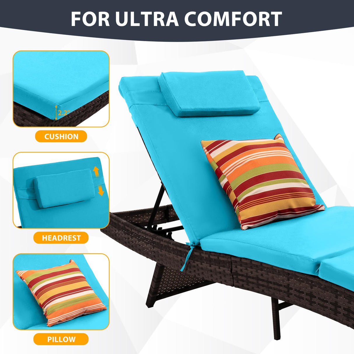 Sundale Outdoor Wicker Chaise Lounge Chair Set of 2, Rattan Patio Lounge Chairs for Outside, Adjustable Recliner with Cushions & Pillows for Deck, Indoor, Yard - Steel, Aruba Sundale Outdoor