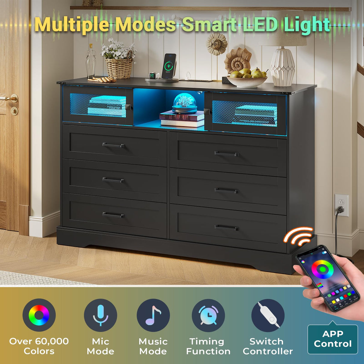 Hasuit 6 Drawers Dresser with LED Lights and Charging Station, Farmhouse Chest of Drawers Closet Organizer, Clothes Storage Cabinet Double Dressers for Bedroom, Living Room, Hallway, Black Hasuit