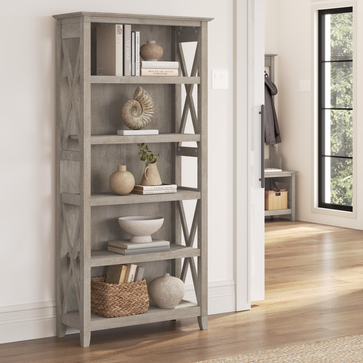 Bush Business Furniture Key West 5-Shelf Bookcase with X Pattern Accents in Washed Gray Bush Business Furniture