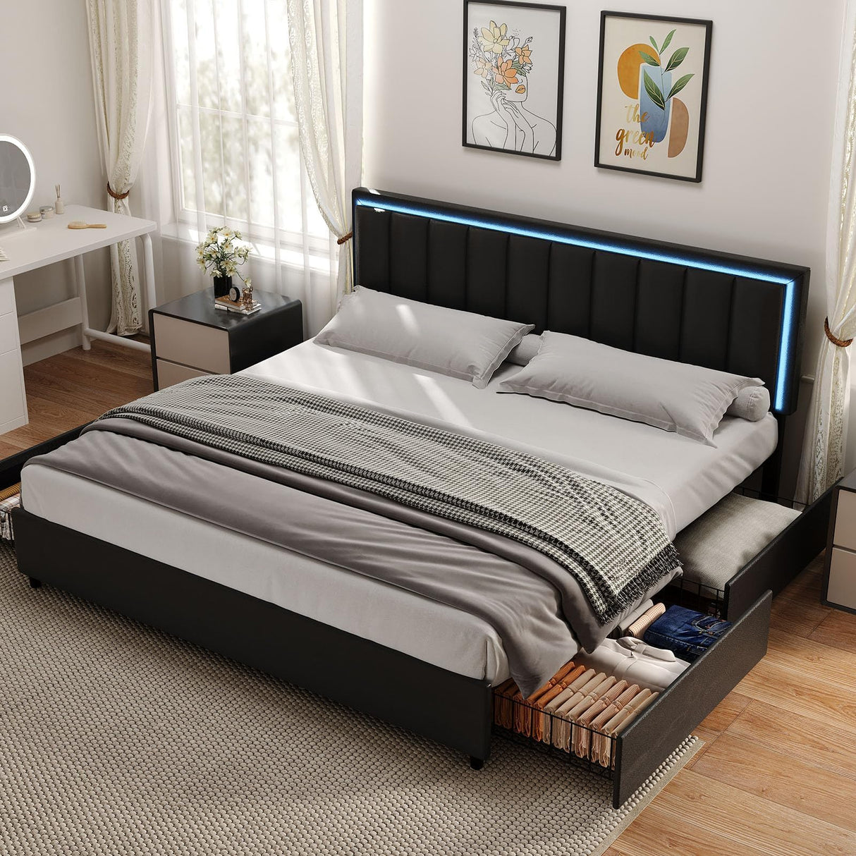 IMMERSTABLE King Bed Frame with 4 Drawers, Bed Frame King Size with LED Lights, Upholstered Bed Frame King Size and Headboard, No Box Spring Needed, Noise-Free, Easy Assembly, Black IMMERSTABLE