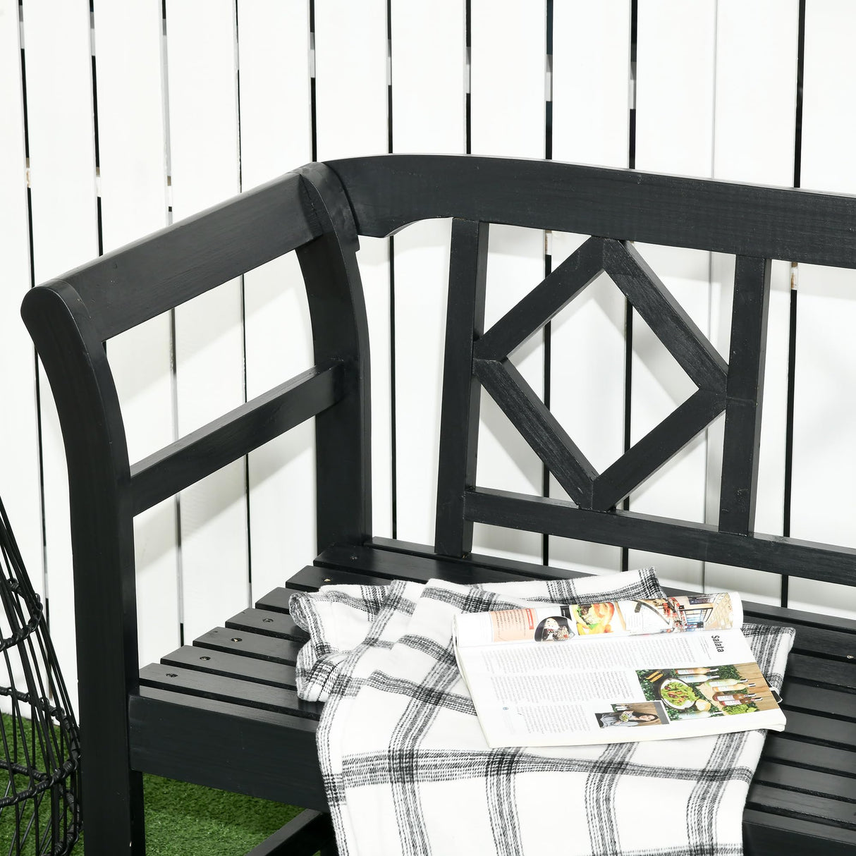 Outsunny Wooden Patio Bench, Outdoor Garden Bench with Backrest and Armrests, 3 Person Porch Bench with Rustic Country Diamond Pattern, Black Outsunny