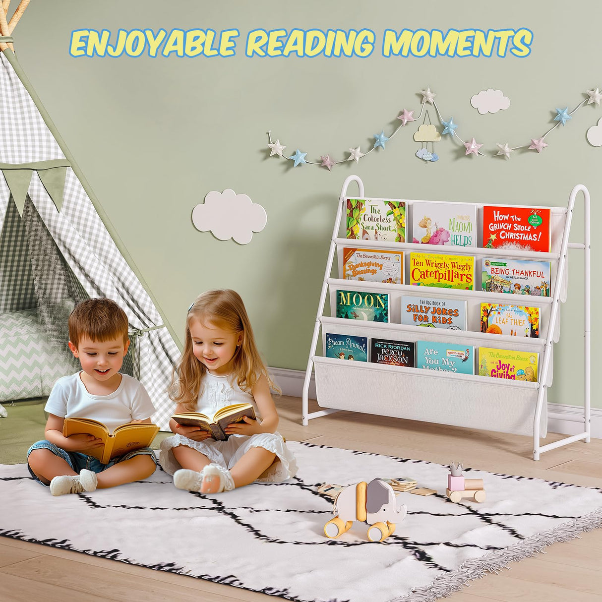 Tatub Kids Bookshelf with 4 Tier Deep Sleeves, Children Montessori Bookshelf Sling Storage Book Rock, Toddler Front Facing Display Book Shelf for Playroom Nursery Bedroom Classroom Tatub