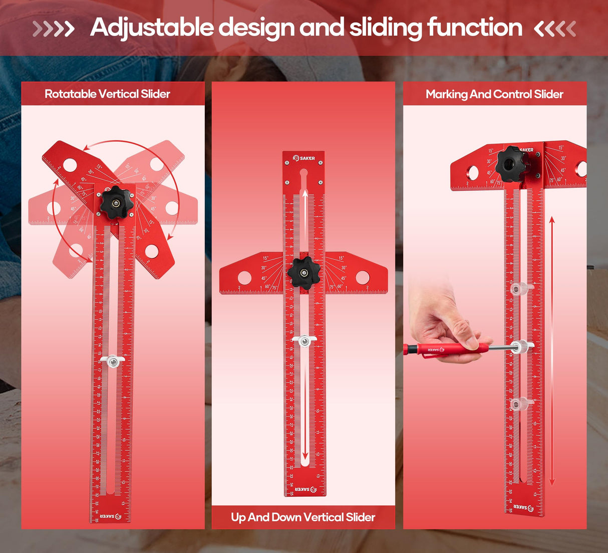 Saker Woodworking Scriber Marking Line Ruler, Adjustable Aluminum Alloy Sliding T-Square Ruler,Precision Line Drawing aid Ruler with Angle Adjustment Scale Saker