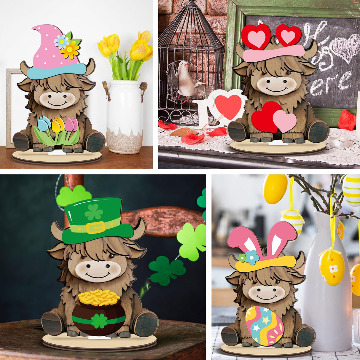 Menkxi Interchangeable Highland Cow Decor Seasonal Wooden Signs Farmhouse Table Centerpiece with Holiday Icon Rustic Cow Tiered Tray Decor Halloween Fall Decorations for Home Office Desk Gift Menkxi