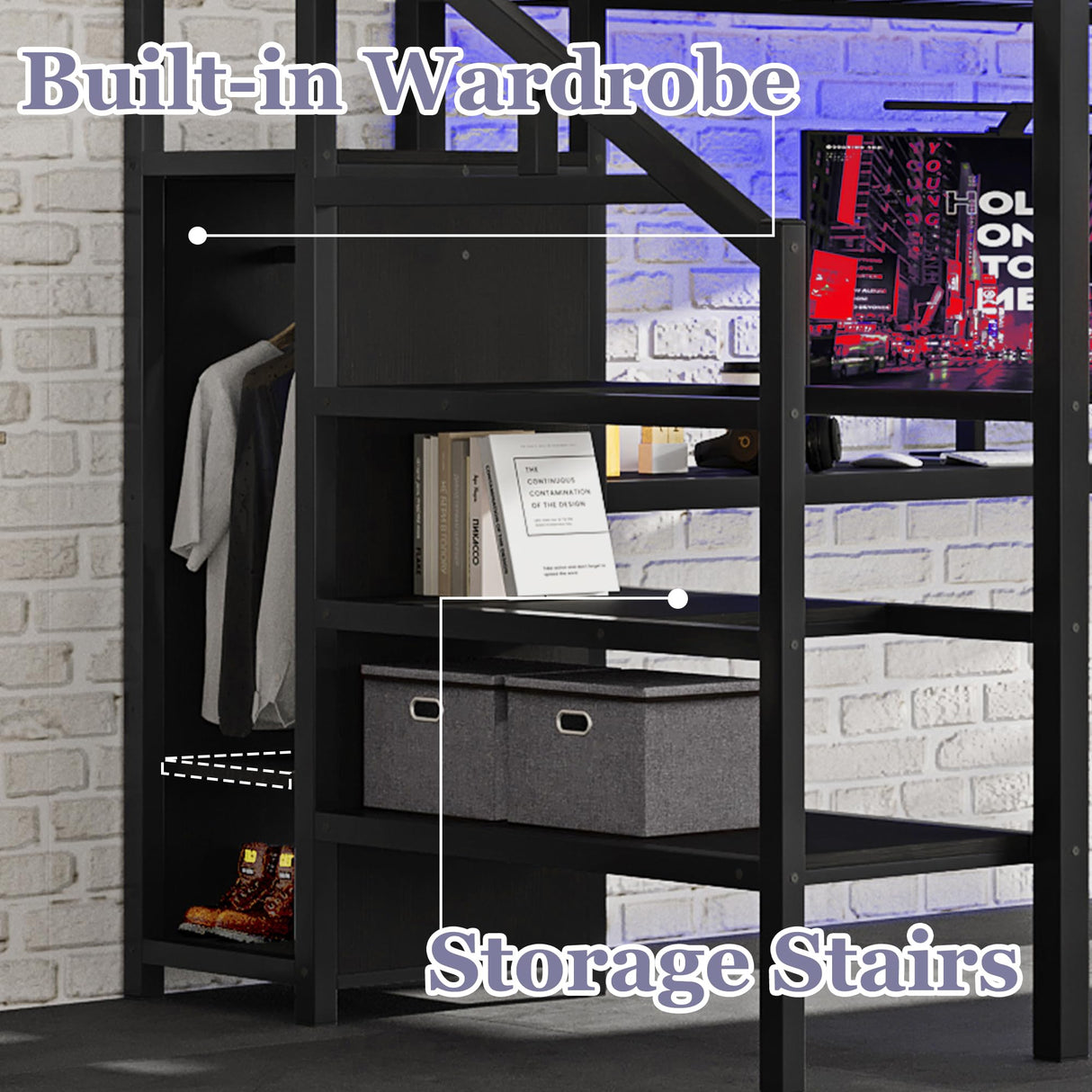 Bellemave Queen Loft Bed with Desk & Wardrobe, Heavy Duty Metal Loft Beds with Storage Stairs, LED Loft Bed Queen Size with Charging Station & Safety Guardrails, No Box Spring Needed, Black Bellemave