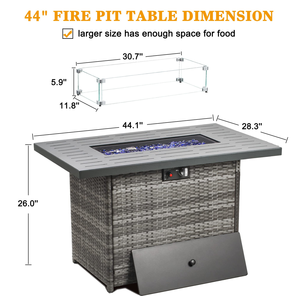 LayinSun 44" Propane Gas Fire Pit Table, 55000 BTU Rectangular Fire Pit with Glass Wind Guard for Outside Patio Deck Garden Backyard Gray-Aluminum Top LayinSun