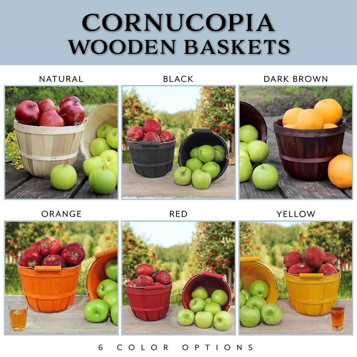 Cornucopia Round Wooden Baskets (2-Pack, Natural); Wood Fruit Buckets with Handle, 4-Quart Capacity; 6.1 Inch Tall by 8 Inch Diameter Cornucopia Brands