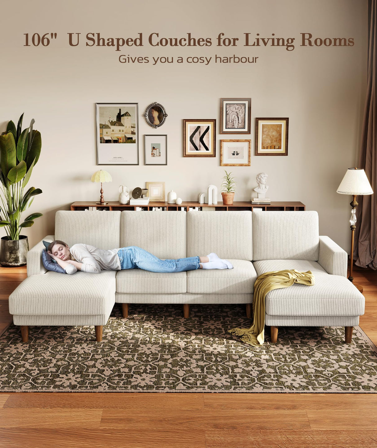 Kidirect 106" Beige U Shaped Couch with Chaises, Corduroy Sectional Couches for Living Room No Tool Assembly, 4 Seats Loveseat Sofa Comfy Sectional Sofas for Living Room Apartment Home 900lb Load Kidirect