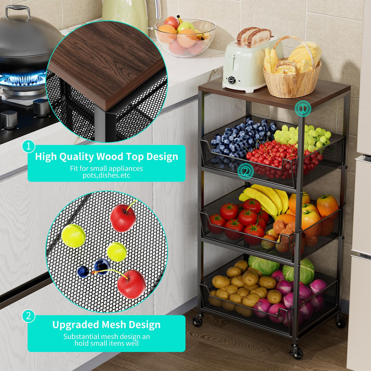 HapiRm Fruit Basket Kitchen Cart - 4-Tier Rolling Storage Cart with Wheels, Fruit Vegetable Basket with Wood Top, Pantry Utility Kitchen Organizer for Fruit Potato Onion Vegetable Bread Snack HapiRm