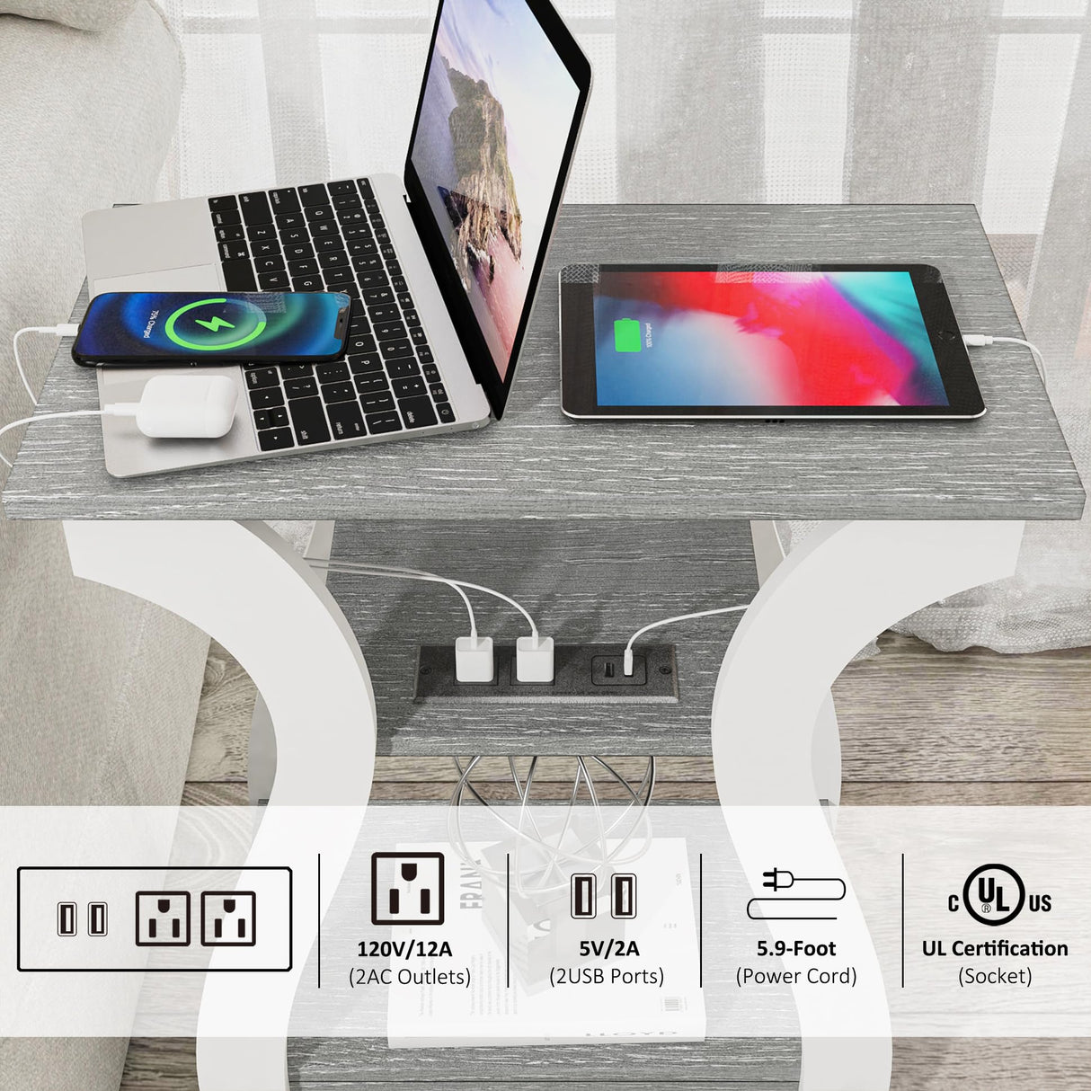 FROMJBEST End Table Set of 2 with Charging Station, Side Table with USB Ports and Outlets, Nightstand, 3 Tier End Table with Storage Shelf for Living Room, Bedroom (Grey Set of 2) FROMJBEST