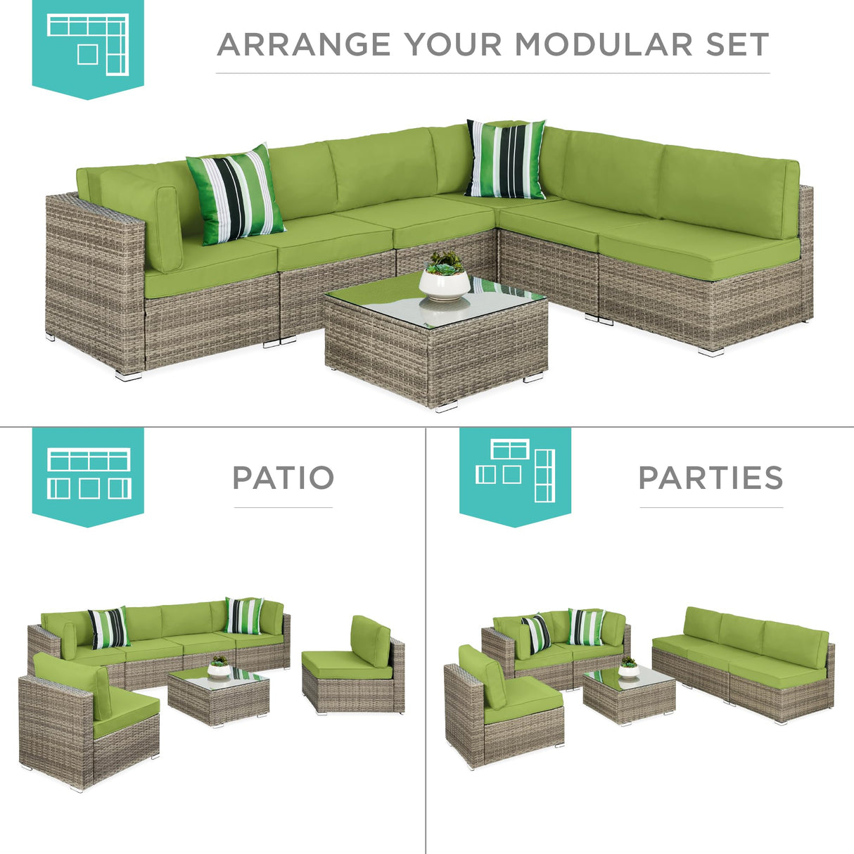Best Choice Products 7-Piece Modular Outdoor Sectional Wicker Patio Conversation Set w/ 2 Pillows, Coffee Table, Cover Included - Taupe/Pistachio Best Choice Products