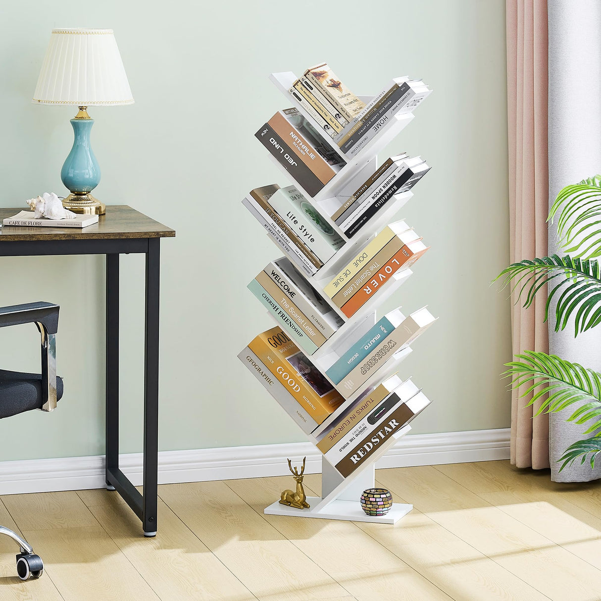 Hoctieon 10 Tier Tree Bookshelf, 10 Shelf Bookcase, Free Standing Tree Bookcase, Display Floor Standing Shelf for Books, Book Shelf Organizer, White Hoctieon