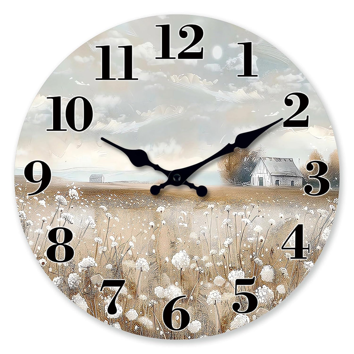 XFM Farmhouse Wall Clock Battery Operated 10 Inch Silent Non-Ticking Wooden Wall Clocks Country Flower Field Clock for Kitchen Living Room Bedroom Decor XFM