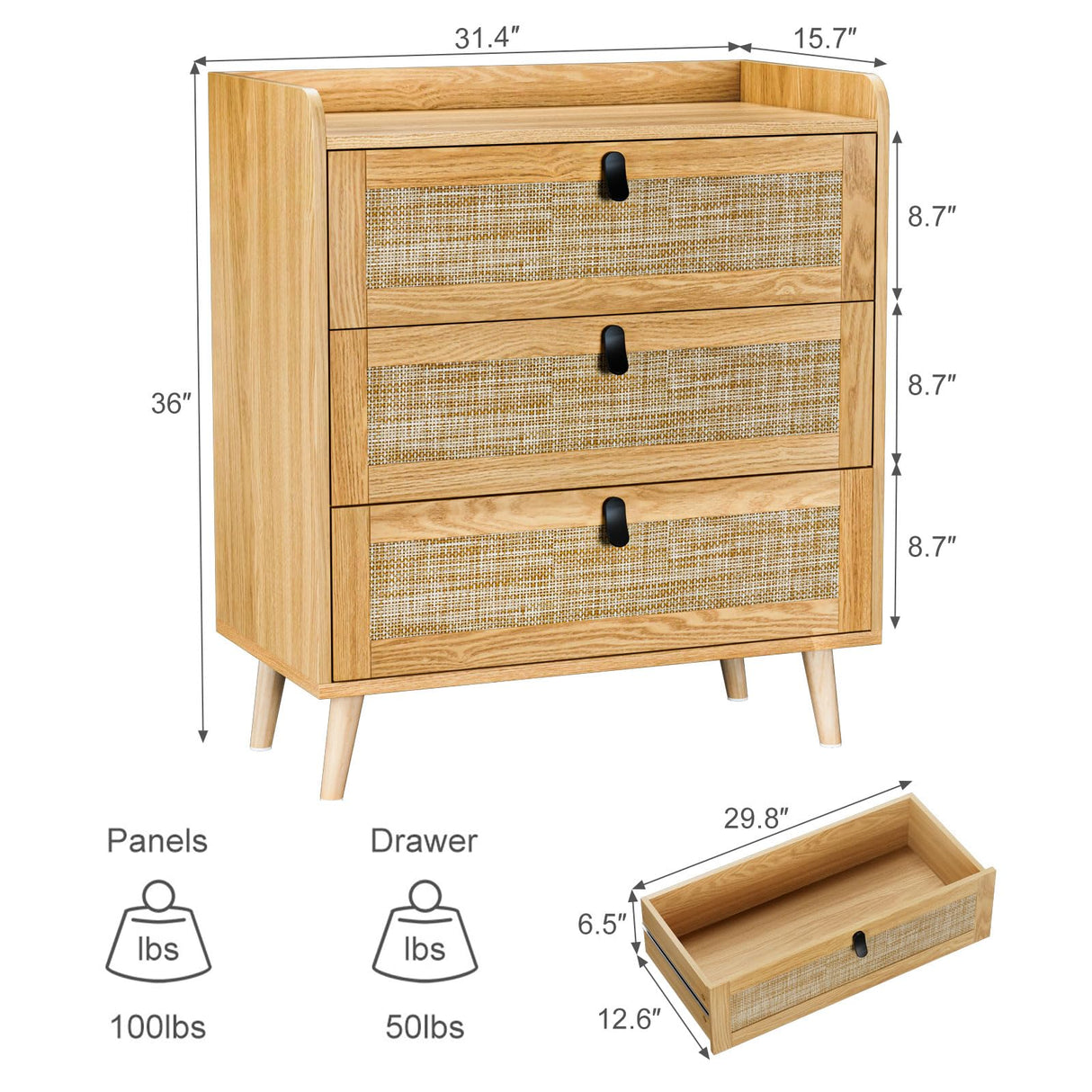 Knowlife 3 Drawer Rattan Dresser for Bedroom, Chest of Drawer, 3 Drawer Dresser, Modern Wood Dresser with Natural Rattan Drawer for Entryway, Living Room, Closet Knowlife