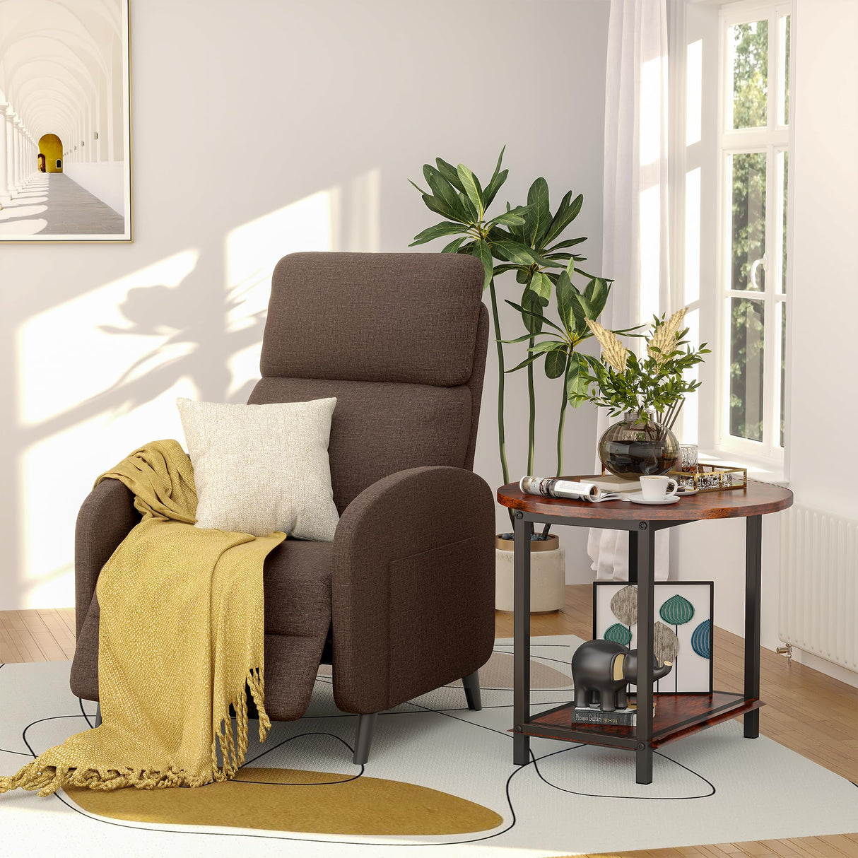 Softa Recliner Chair for Adults, Adjustable Fabric Reclining Armchair with Side Pockets and Extended Footrest, Small Push Back Single Sofa Recliner for Living Room, Home Theater Seating (Brown) Softa