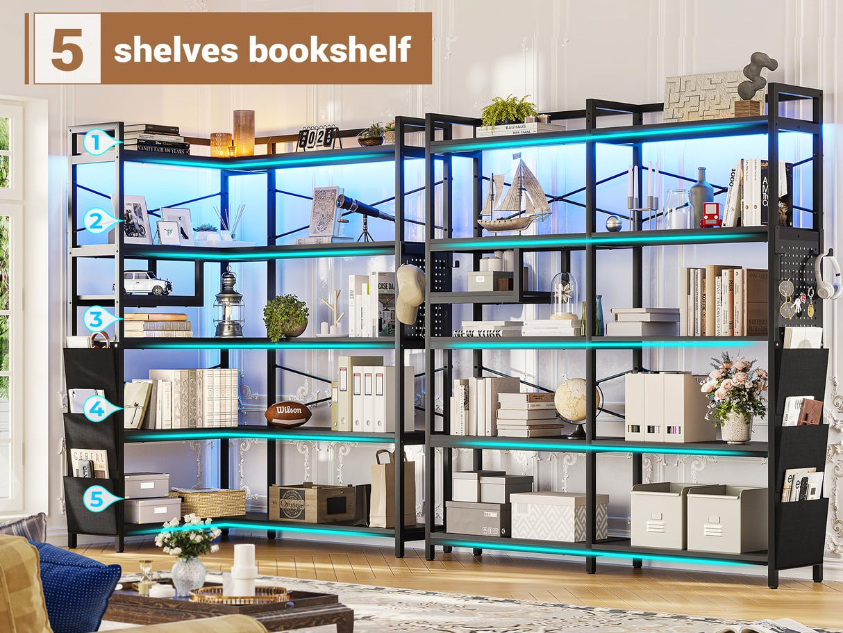 Itaar 5-Tier Convertible Corner Bookshelf with LED Light, Pegboard & Storage – Black Itaar