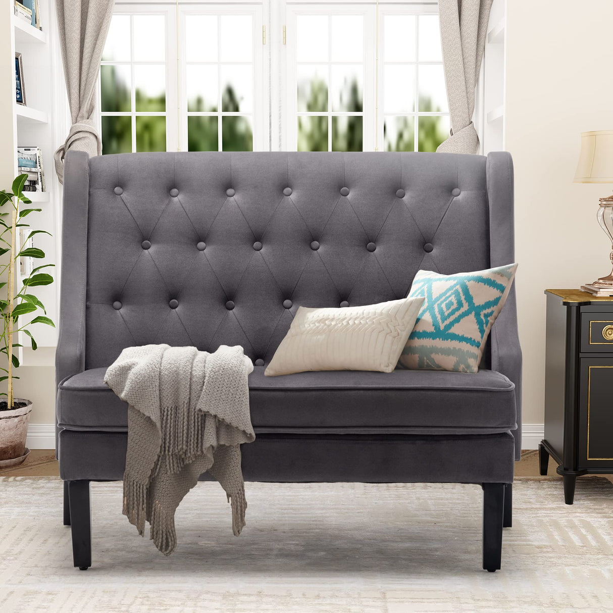 46" Small Modern Loveseat Settee Sofa Linen Fabric 2-Seat Sofa Couch Tufted Love Seat Dining Bench with Back Upholstered Banquette Sofas for Living Room Bedroom Small Space Entryway Steel Grey Tongli