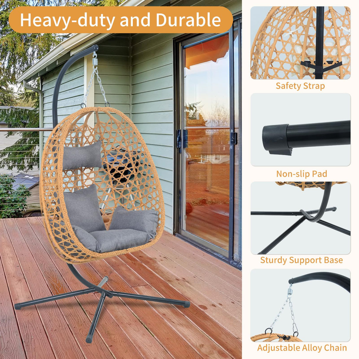 EortheX Hanging Egg Chair with Cushions – Comfortable Rattan Swing Chair with Stand for Patio, Garden, or Balcony – Stylish and Relaxing Outdoor Lounge Chair, 350LBS Capacity Indoor Outdoor EortheX outdoor fancy