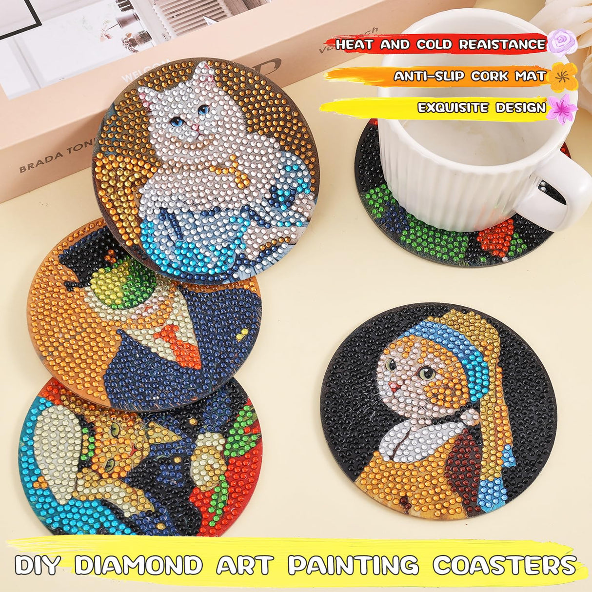 Whimsical Cat Masterpieces Diamond Art Painting Coasters Kits for Adult, 8Pcs DIY Crafts Non Slip Coaster Pads with Holder, Featuring Famous Art with Cats, Vibrant Resin Gems, Heat Resistant Drink Mat VYRANA