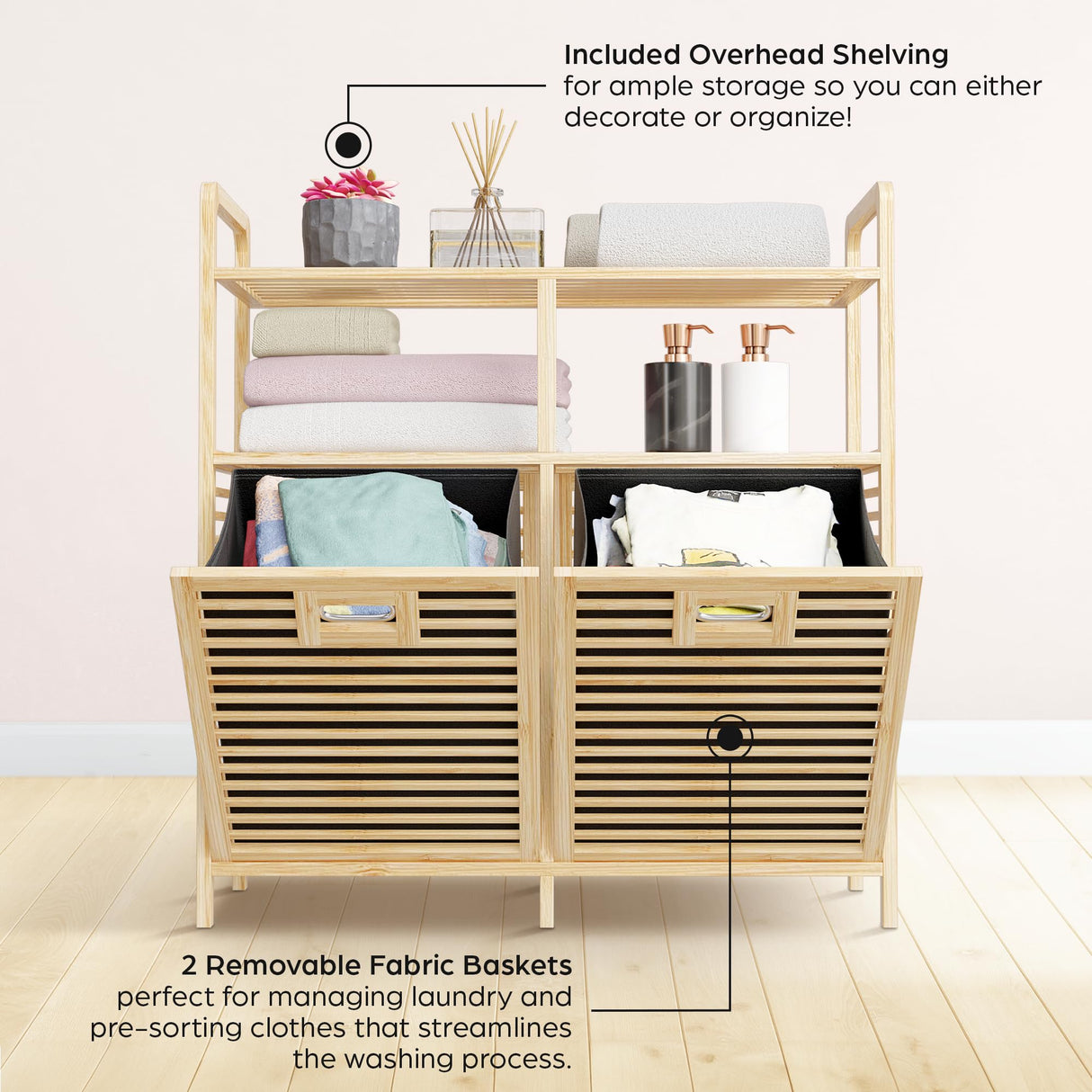 TidyHub Double Tilt Out Laundry Hamper with Shelf - Durable Bamboo Hamper with 2 Removable Laundry Liner Fabrics, Easy Grab Handle & Manual - Pull Out Laundry Hamper Cabinet for Clothes Towels Toys TidyHub