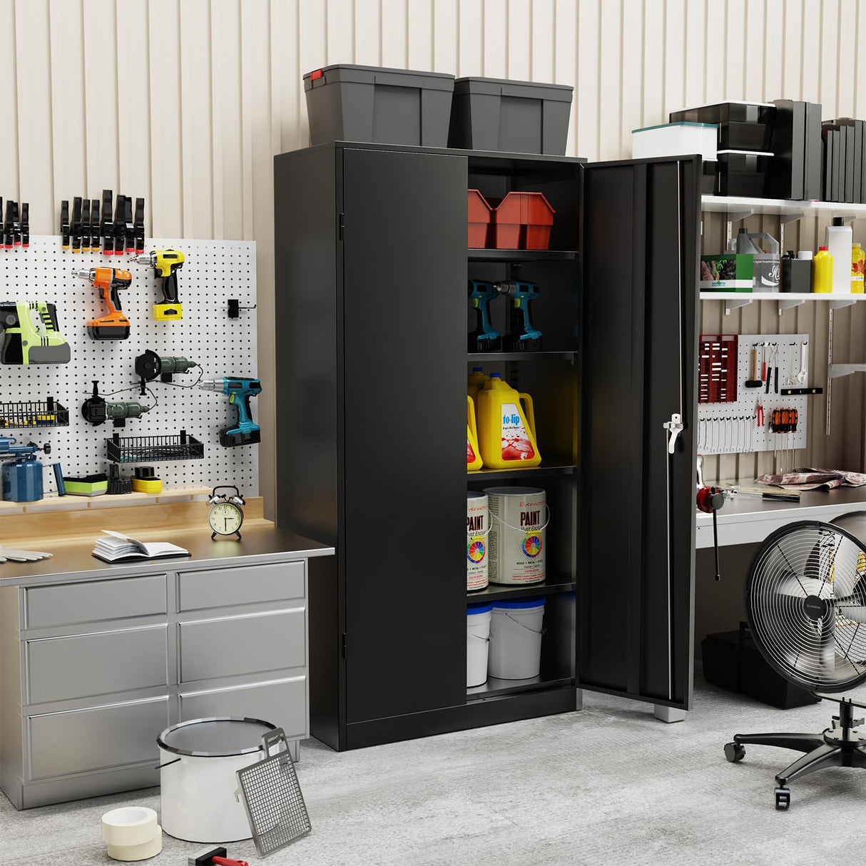 Crownland 72” Metal Storage Cabinet, Lockable Garage Storage Cabinets, High Office Cabinet with Adjustable Shelves for Garage, Home Office, Pantry, File, Black Crownland
