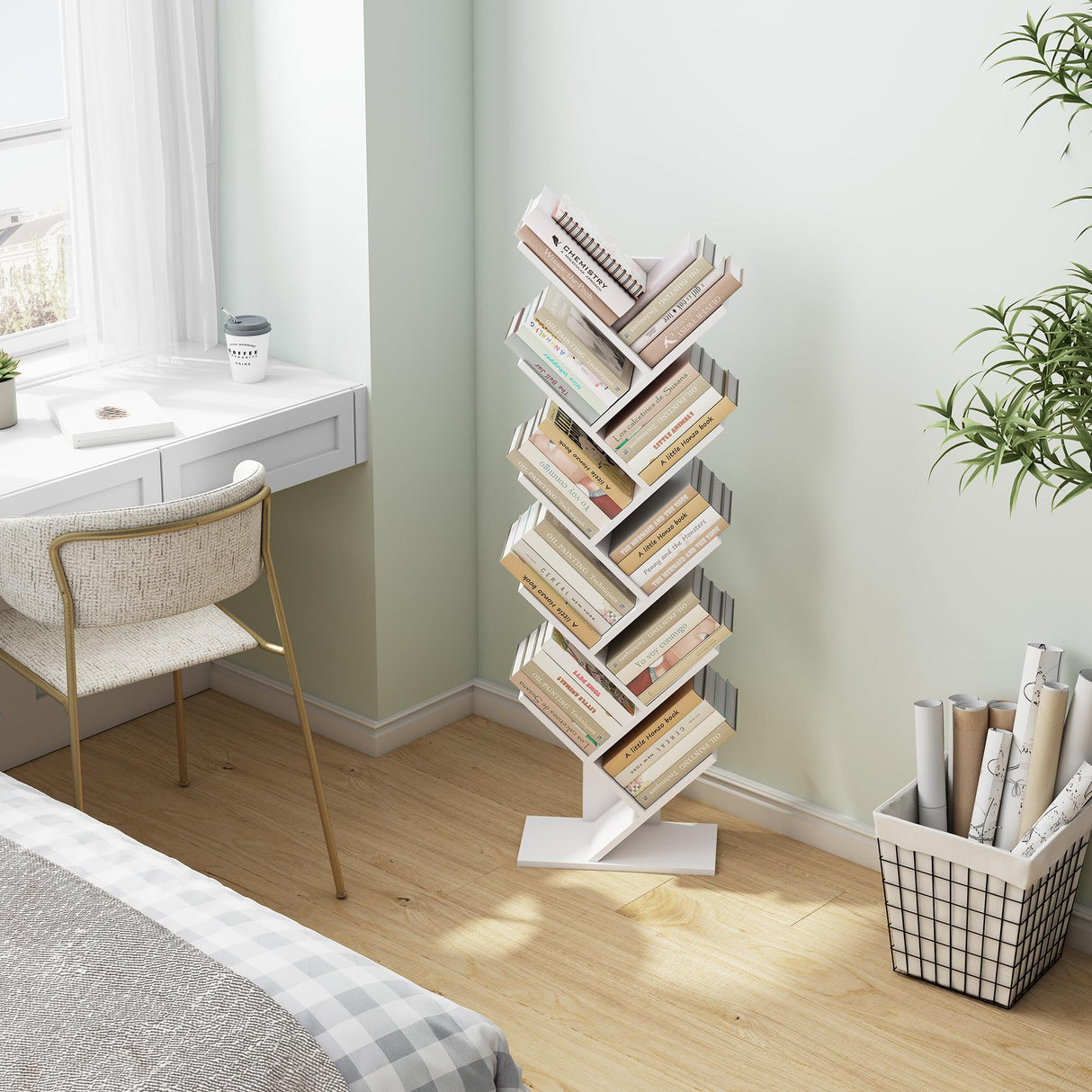 Hoctieon 10 Tier Tree Bookshelf, 10 Shelf Bookcase, Free Standing Tree Bookcase, Display Floor Standing Shelf for Books, Book Shelf Organizer, White Hoctieon