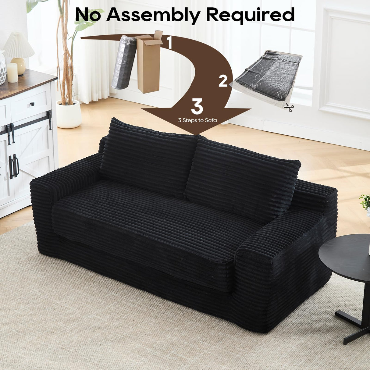 GNIXUU Corduroy Cloud Loveseat Sofa, 2 in 1 Convertible Black Boneless Sleeper Sofa with Fixed-Shape Frame, Comfy Folding Love Seat Couches for Living Room, Apartment, Small Spaces GNIXUU