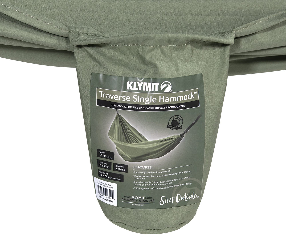 Klymit Single Traverse Hammock, Portable Hammock for Camping, Green Klymit
