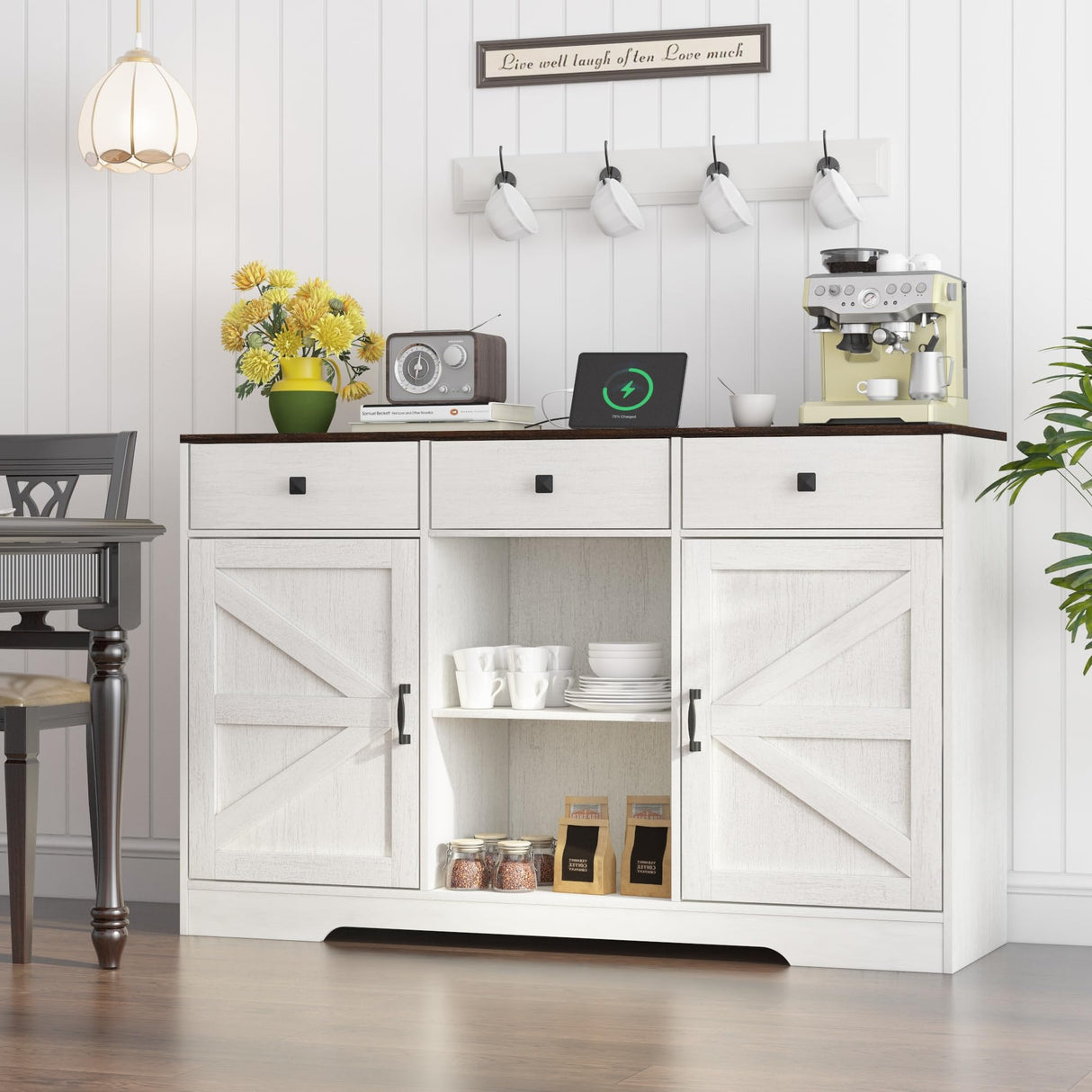 Hlivelood Farmhouse Coffee Bar Cabinet, 54" Kitchen Buffet Storage Cabinet with Drawers & Barn Doors, Sideboard Buffet Cabinet Coffee Bar for Dining Room, Living Room, Antique White Hlivelood