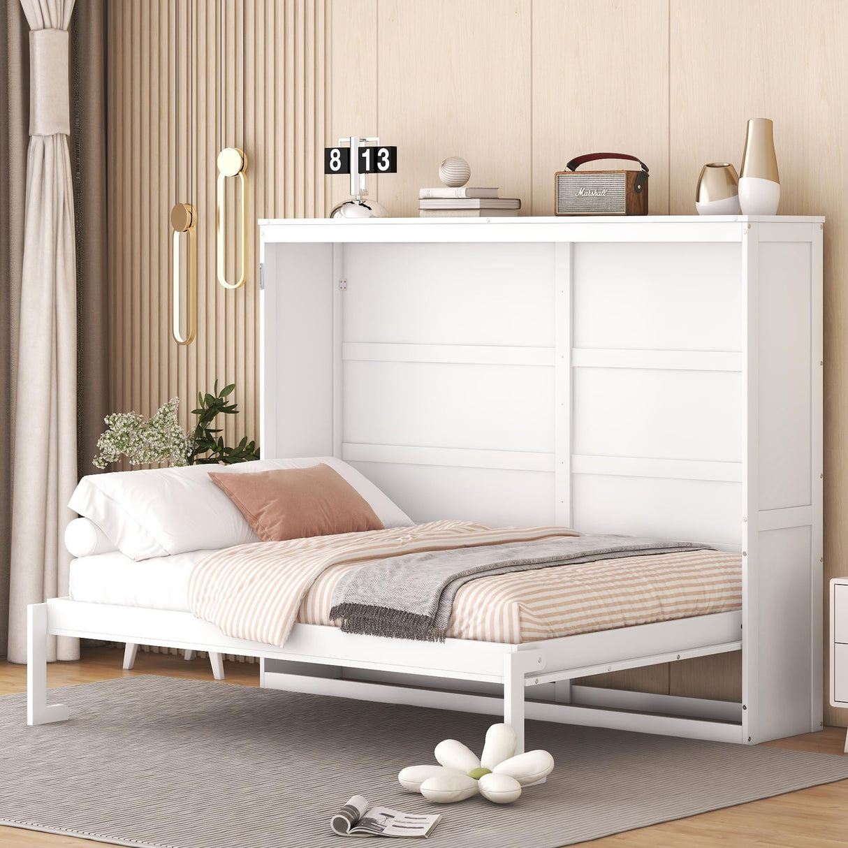 Murphy Bed Full Size, Wood Cabinet Bed Frame with A Storage Shelf, Modern Foldable Wall Bed for Home Office Studio, No Box Spring Needed, White Bellemave