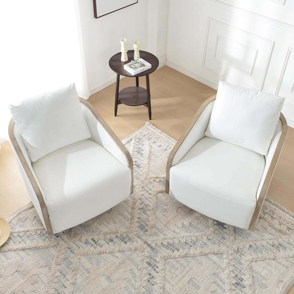 KINWELL 30" Wide Upholstered Swivel Barrel Chair Set of 2, FSC Certified Fully Assembled Fabric Swivel Accent Armchair for Living Room, Bedroom (Pearl White) KINWELL