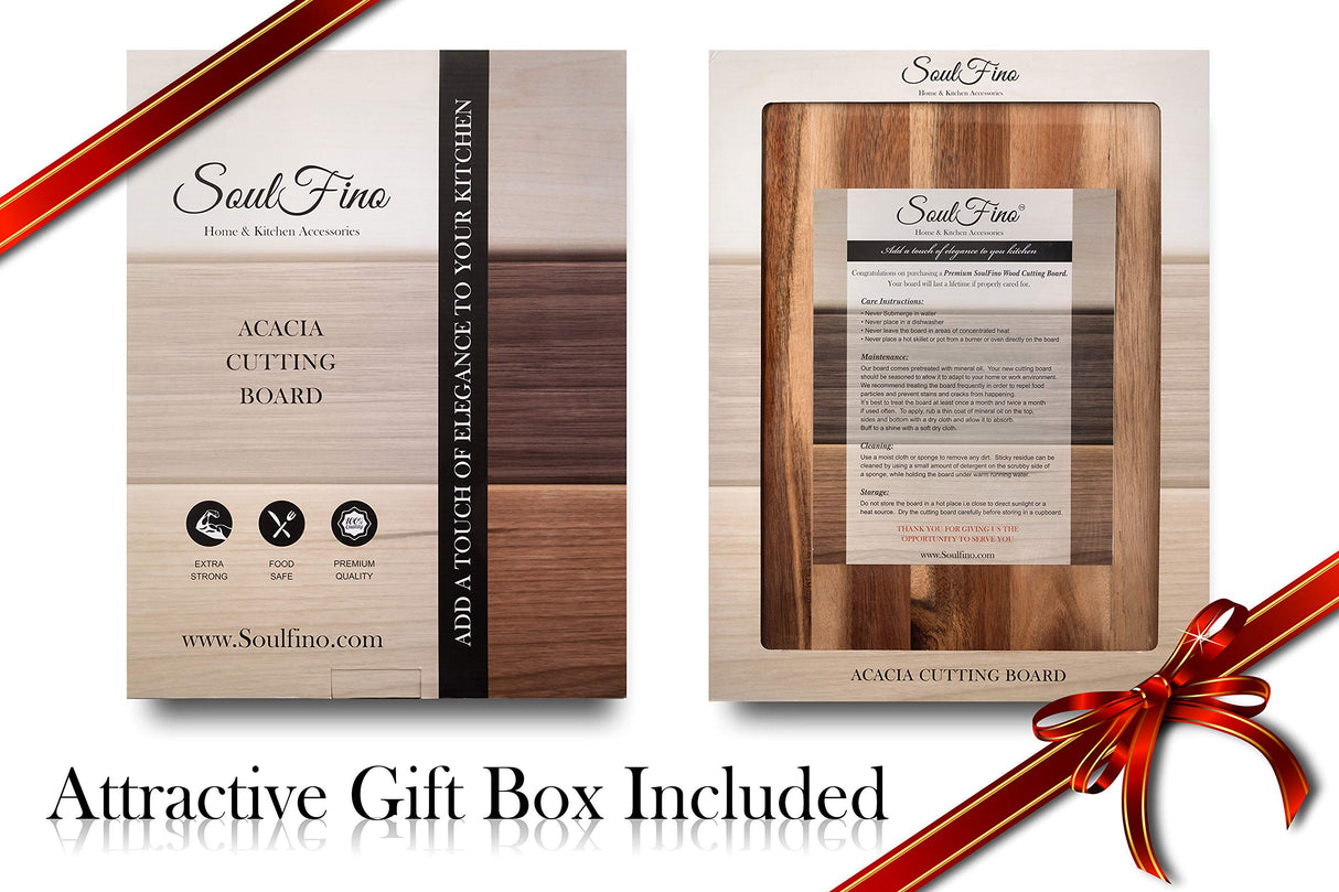PREMIUM ACACIA Cutting Board & Professional Heavy Duty Butcher Block w/Juice Groove - Extra Large (17"x13"x1.4") Organic, End Grain Chopping Block. SOULFINO